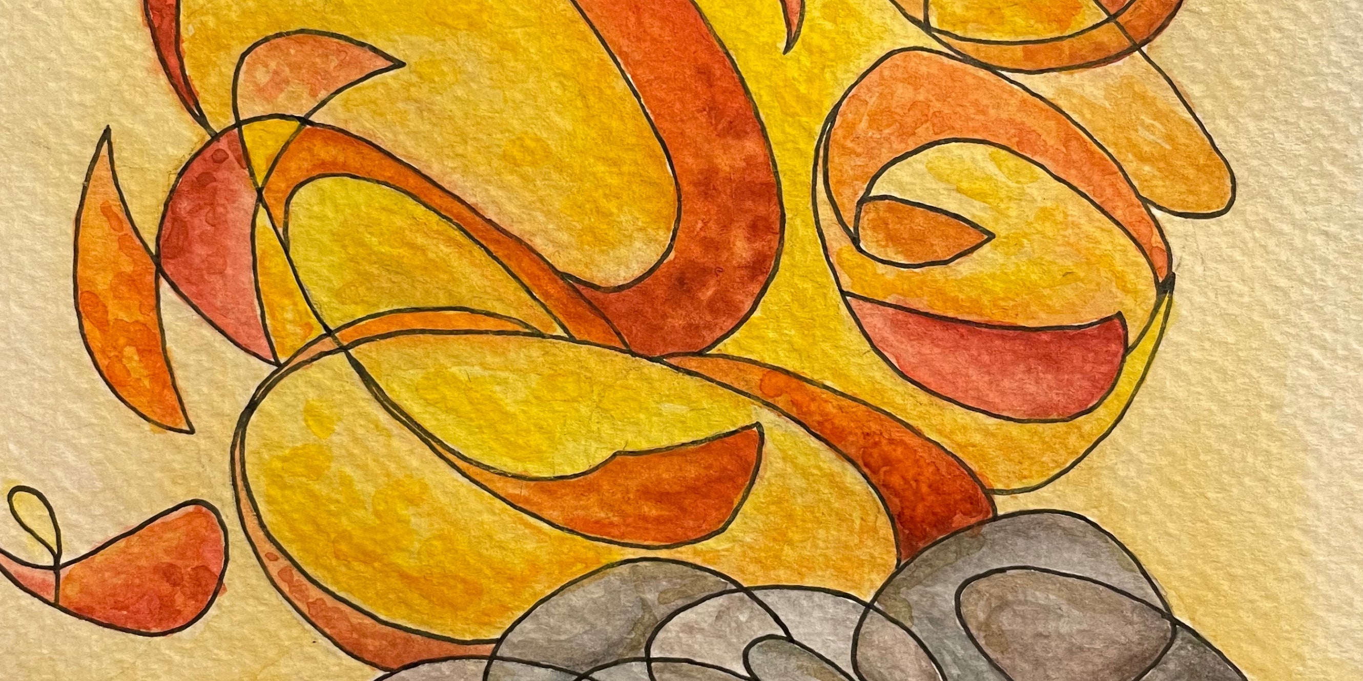 Scribbles are selectively highlighted in black ink and bright orange and yellow watercolour to create a swirling beach campfire.