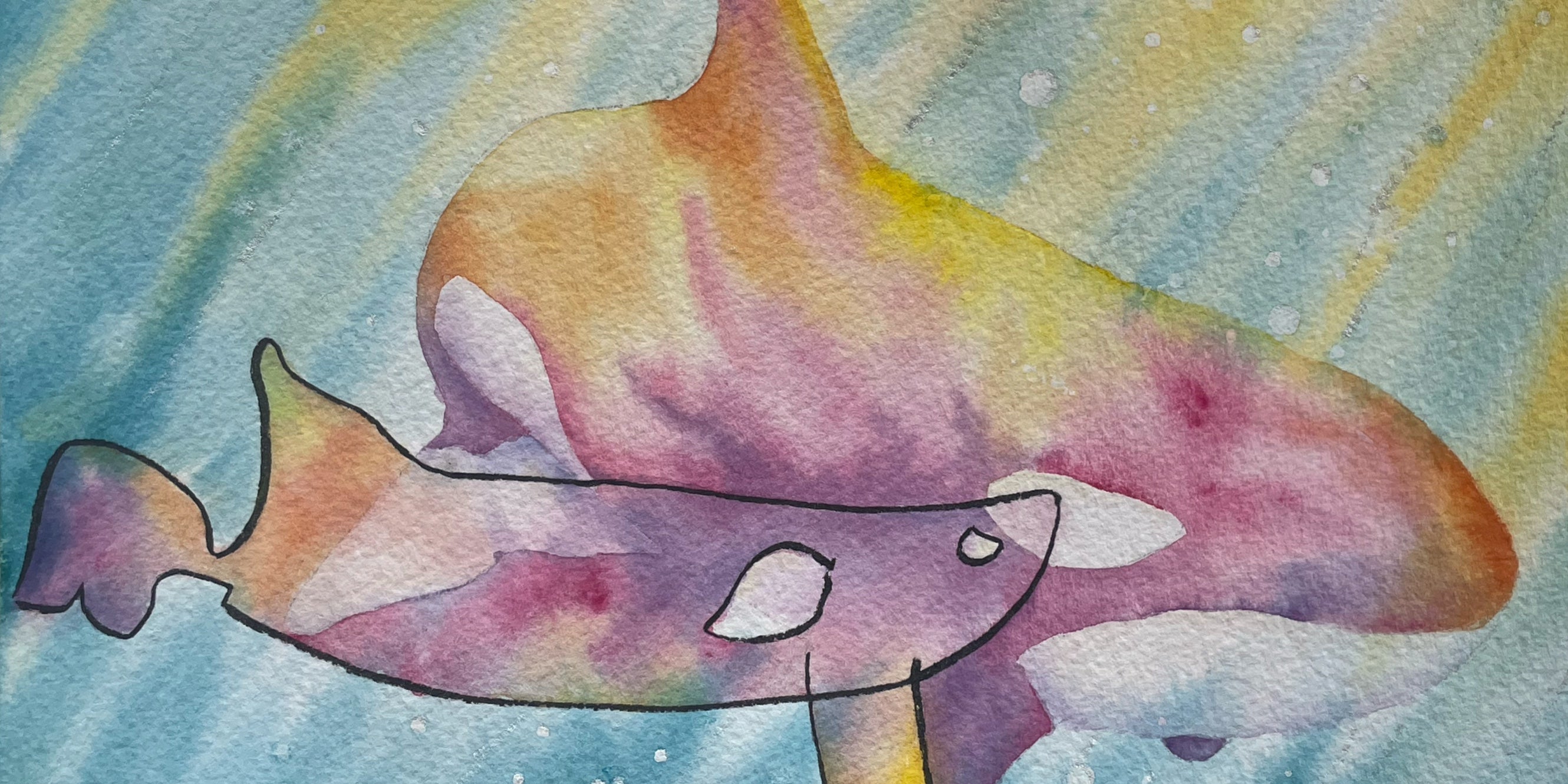 Bright orca whales rendered in shades of orange, purple, and teal. The mother has a naturalistic shape, while the baby is drawn by a small child and outlined in black ink.